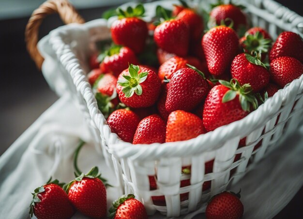 Una fragola fresca in un cesto su uno sfondo di legno