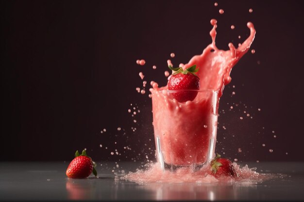 Una fragola schizza in un bicchiere di succo di fragola.