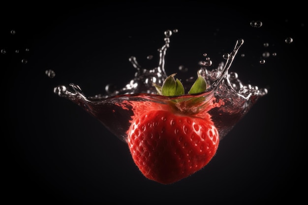 Una fragola schizza nell'acqua su uno sfondo nero.