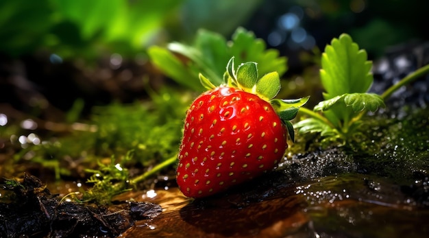 Una fragola su un terreno coperto di muschio