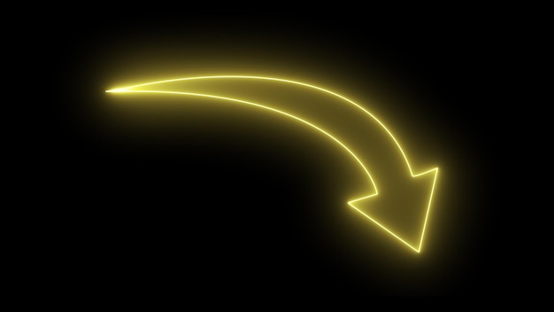 Una freccia incandescente in uno spazio buio Freccia al neon su sfondo nero