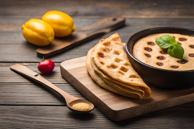 Una frittella con frittella e limoni su un tavolo di legno