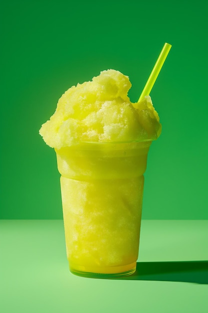 Una frullata gialla vibrante in una tazza trasparente su uno sfondo verde