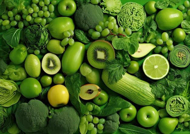 Una frutta e verdura verde sono disposte in un mucchio.