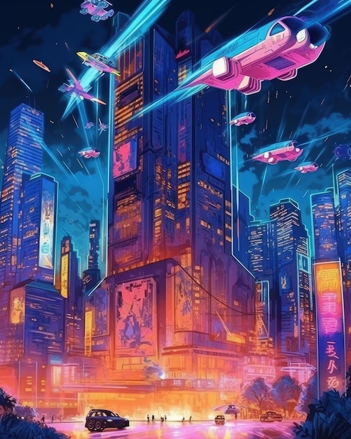 Una futuristica città cyberpunk di notte con auto volanti IA generativa