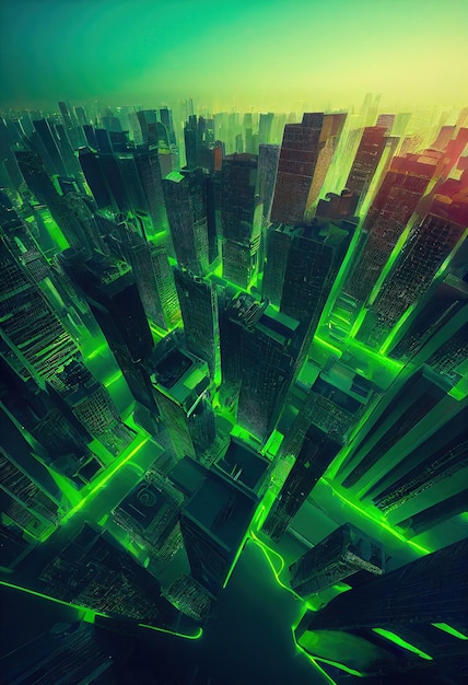 Una futuristica città verde neon