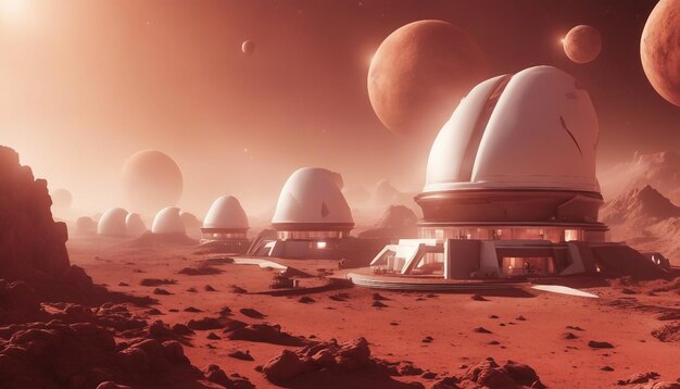 Una futuristica colonia marziana con habitat a cupola, tecnologia avanzata e un paesaggio rosso polveroso.