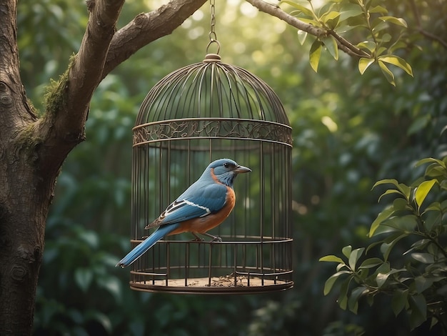 Una gabbia per uccelli in un albero con un uccello seduto dentro mentre la porta della gabbia era aperta