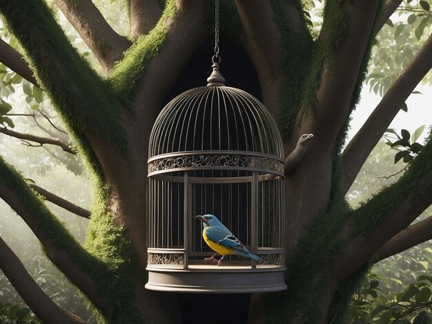 Una gabbia per uccelli in un albero con un uccello seduto dentro mentre la porta della gabbia era aperta