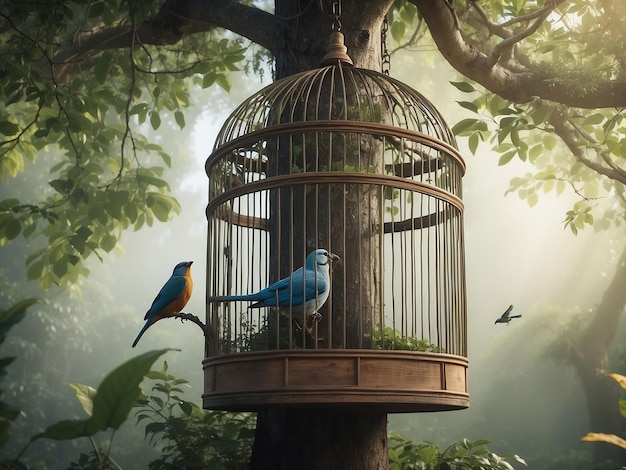 Una gabbia per uccelli in un albero con un uccello seduto dentro mentre la porta della gabbia era aperta