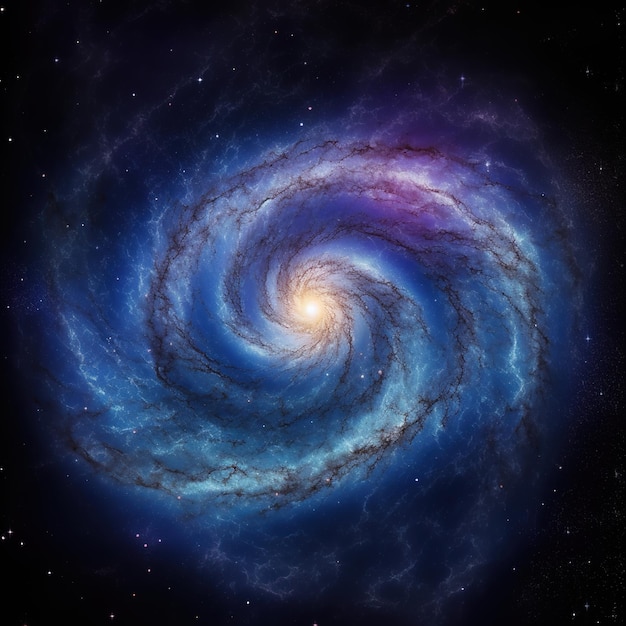 Una galassia a spirale blu con un centro blu e una luce gialla al centro