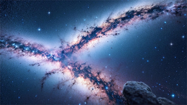 Una galassia blu con una nebulosa al centro e una grande nebulosa nera al centro.