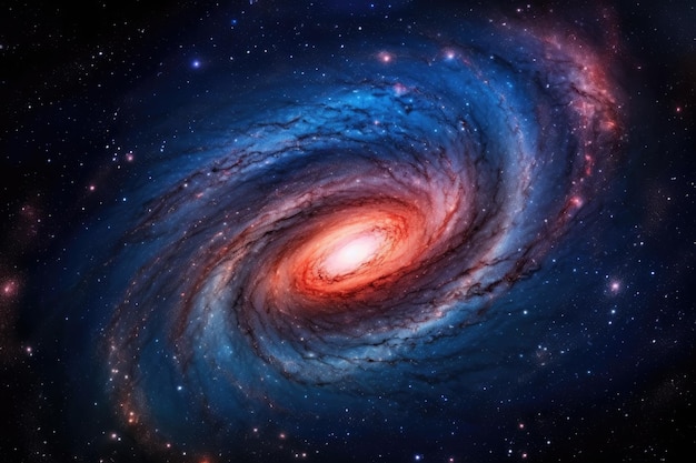 Una galassia blu e rossa con una spirale blu