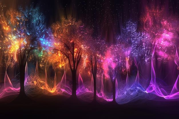 Una galassia colorata con due alberi in primo piano