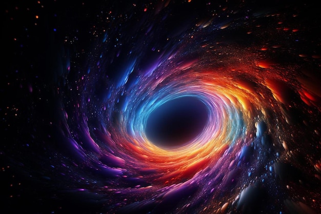 Una galassia colorata con un buco nero al centro.