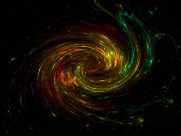 Una galassia verde e rossa con un disegno a spirale al centro