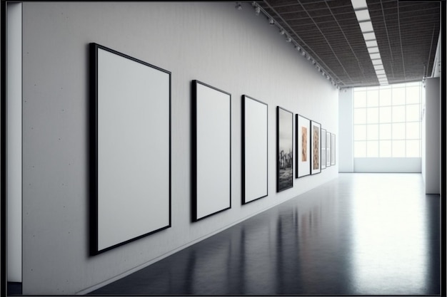 Una galleria con una fila di quadri incorniciati alla parete e una finestra sullo sfondo.
