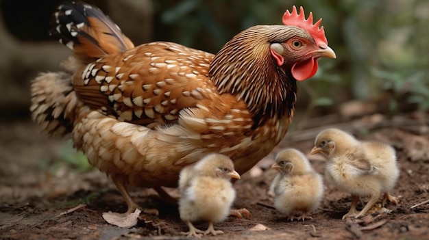 Una gallina con i suoi polli in una fattoria