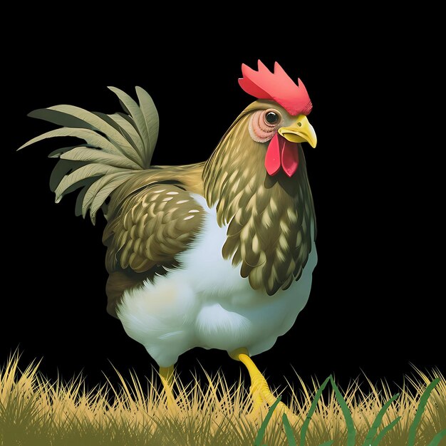 Una gallina marrone cammina in un campo aperto di notte