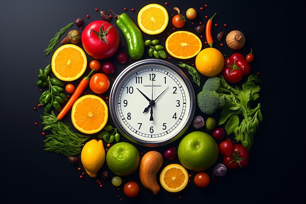 Una gamma ricca di nutrienti Verdure frutta circondano l'orologio sveglia che incarna uno stile di vita consapevole della salute