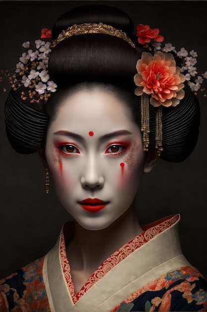 Una geisha con gli occhi rossi e un fiore rosso sul viso