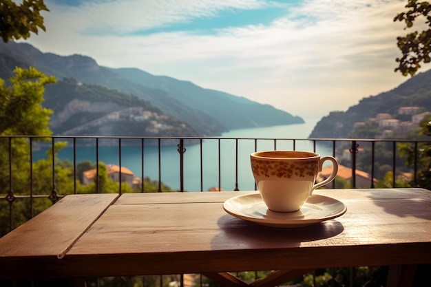 Una generosa tazza di caffè su un vassoio di legno