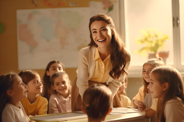 Una gentile insegnante sorridente insegna agli studenti in classe Buona giornata degli insegnanti