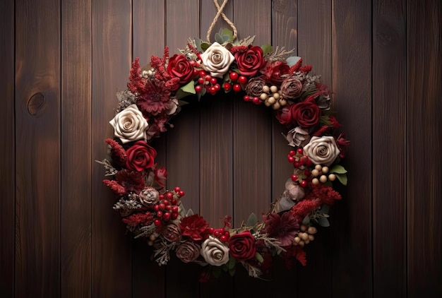 una ghirlanda appesa a una parete di legno è decorata con fiori nello stile del rosso e del bronzo