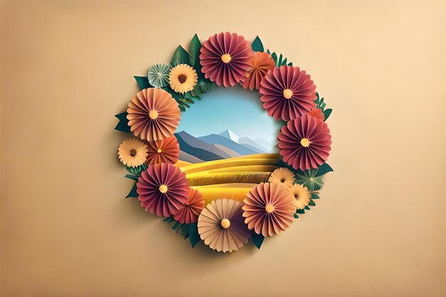 Una ghirlanda di fiori e una montagna sullo sfondo.