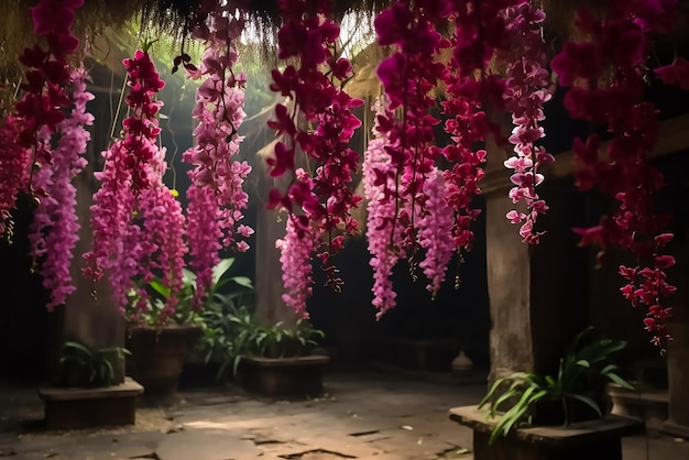 Una ghirlanda di fiori viola pende dal soffitto di una stanza buia.