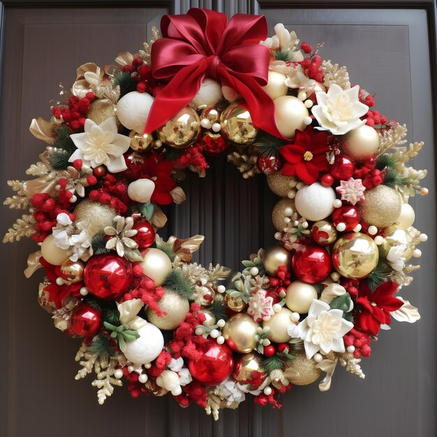 Una ghirlanda di Natale con un fiocco rosso e ornamenti bianchi su di essa.