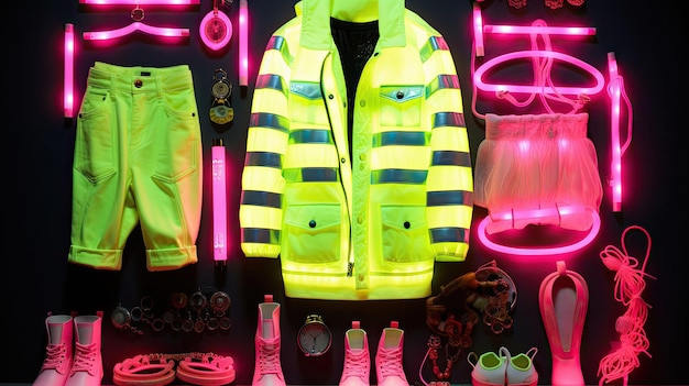 Una giacca neon con luci al neon brillanti e un paio di scarpe.