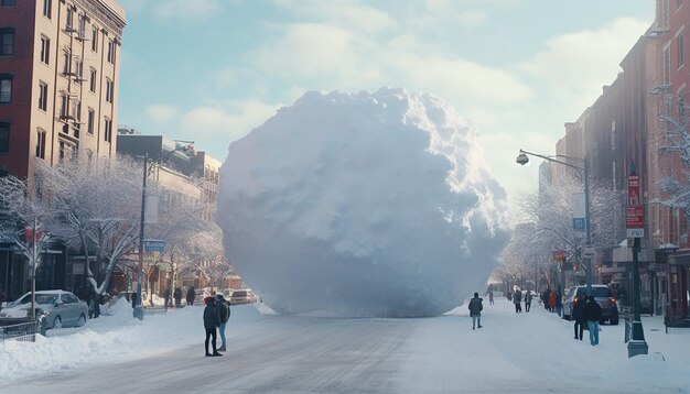 Una gigantesca palla di neve che rotola attraverso una città in una ripresa cinematografica a 8k