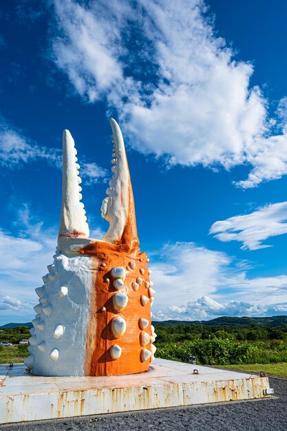 Una gigantesca statua di calamaro si trova in un campo con un cielo blu e nuvole.