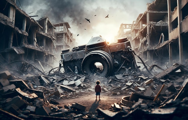 una gigantesca telecamera frantumata nel caos della guerra e della distruzione