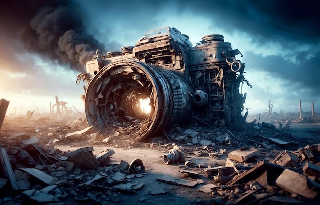 una gigantesca telecamera frantumata nel caos della guerra e della distruzione