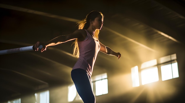 Una ginnasta che esegue una routine complessa sulla trave di equilibrio