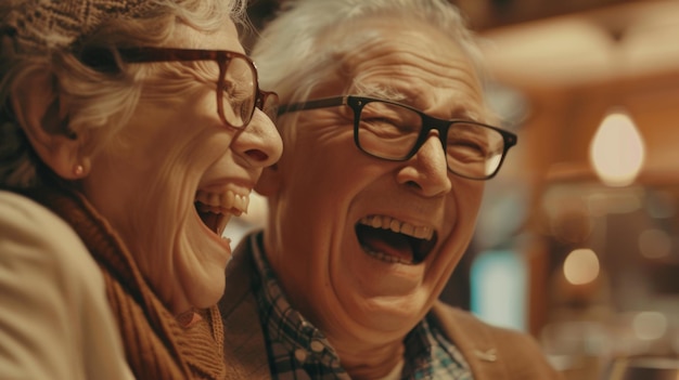 Una gioiosa coppia di anziani che ridono di cuore condividendo un momento di vera felicità insieme