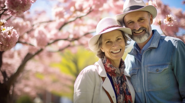 Una gioiosa coppia di mezza età circondata da fiori rosa primaverili che condividono un momento