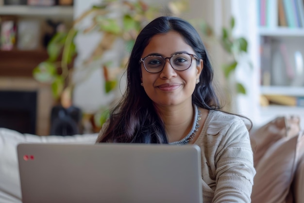 Una gioiosa donna indiana che bilancia il lavoro a distanza o l'insegnamento partecipa a una riunione di conferenza virtuale