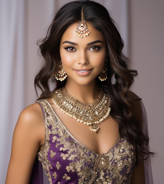 Una gioiosa ragazza indiana in opulento lehenga viola con un design dettagliato esprime felicità
