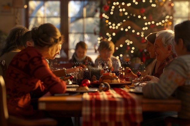 Una gioiosa riunione di famiglia attorno a un tavolo natalizio o