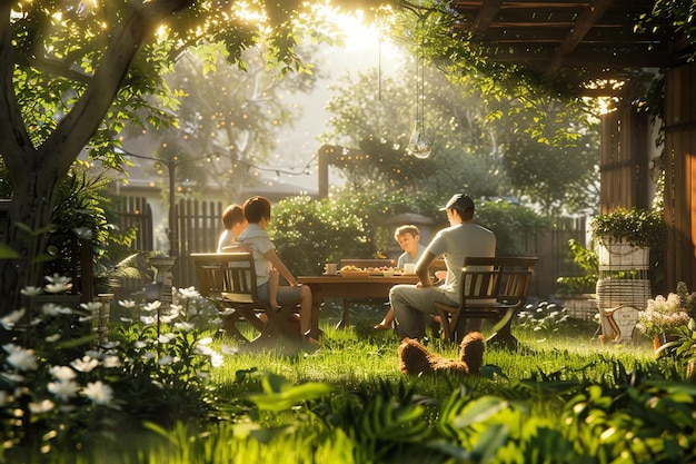 Una gioiosa riunione di famiglia in un giardino illuminato dal sole