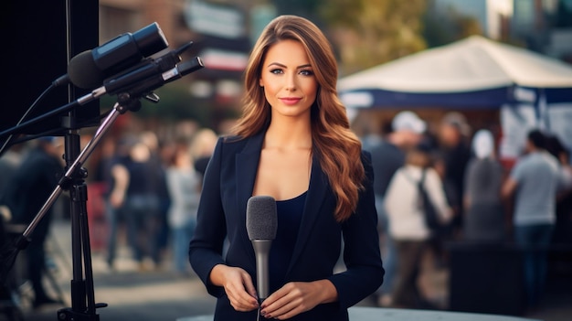 una giornalista in abito sta usando un microfono la sera
