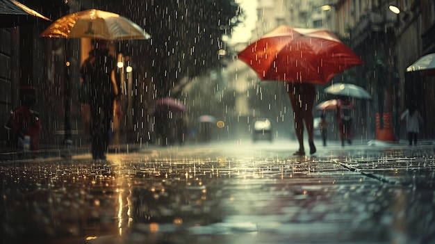 Una giornata di pioggia con la gente che cammina per strada con gli ombrelli in mano