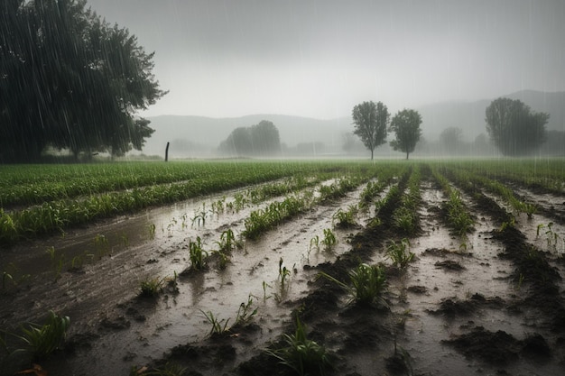 Una giornata di pioggia nel campo con alberi sullo sfondo