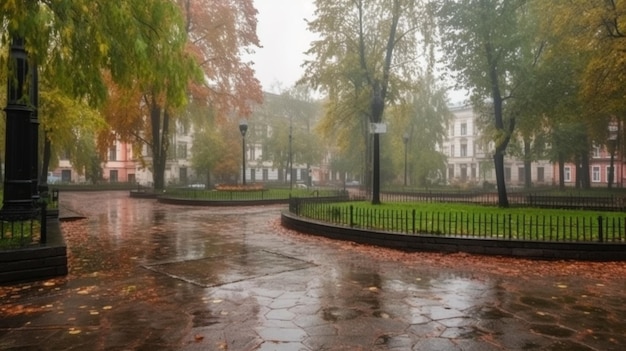 Una giornata di pioggia nel parco con un lampione e alberi