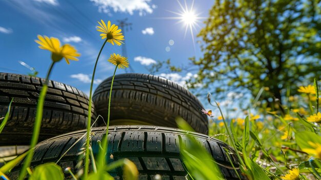 Una giornata di sole con pneumatici riciclati e fiori gialli in un giardino