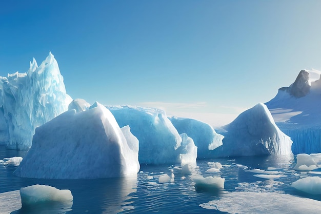 Una giornata di sole nella fredda Antartide. Iceberg antartici. Riflessione di iceberg in acque limpide e profonde.