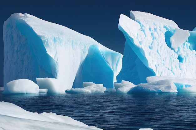 Una giornata di sole nella fredda Antartide. Iceberg antartici. Riflessione di iceberg in acque limpide e profonde.